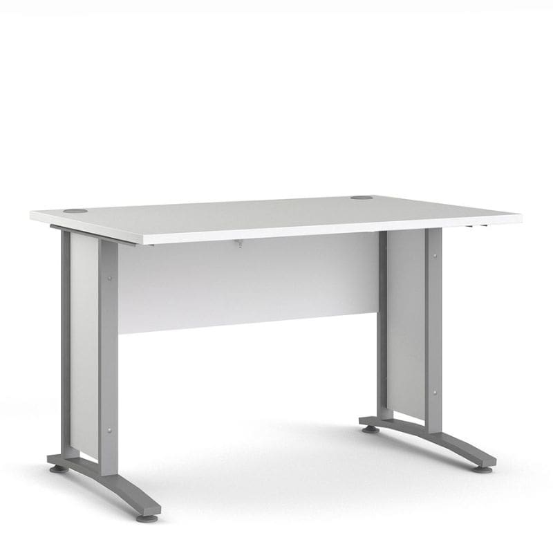 White office desk with silver legs on a white background