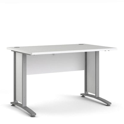 White office desk with silver legs on a white background