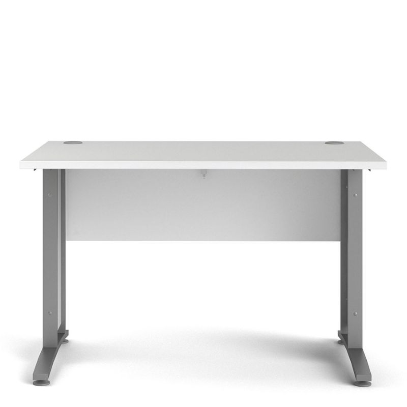 White desk with silver legs on a white background