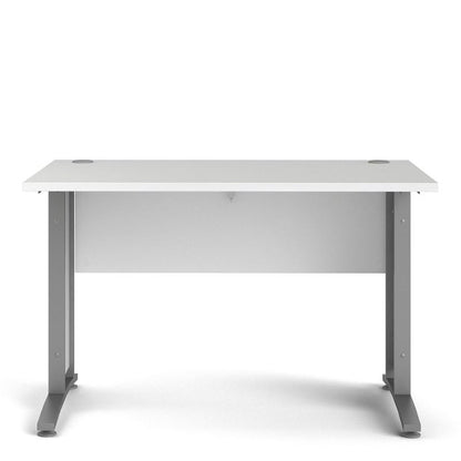 White desk with silver legs on a white background