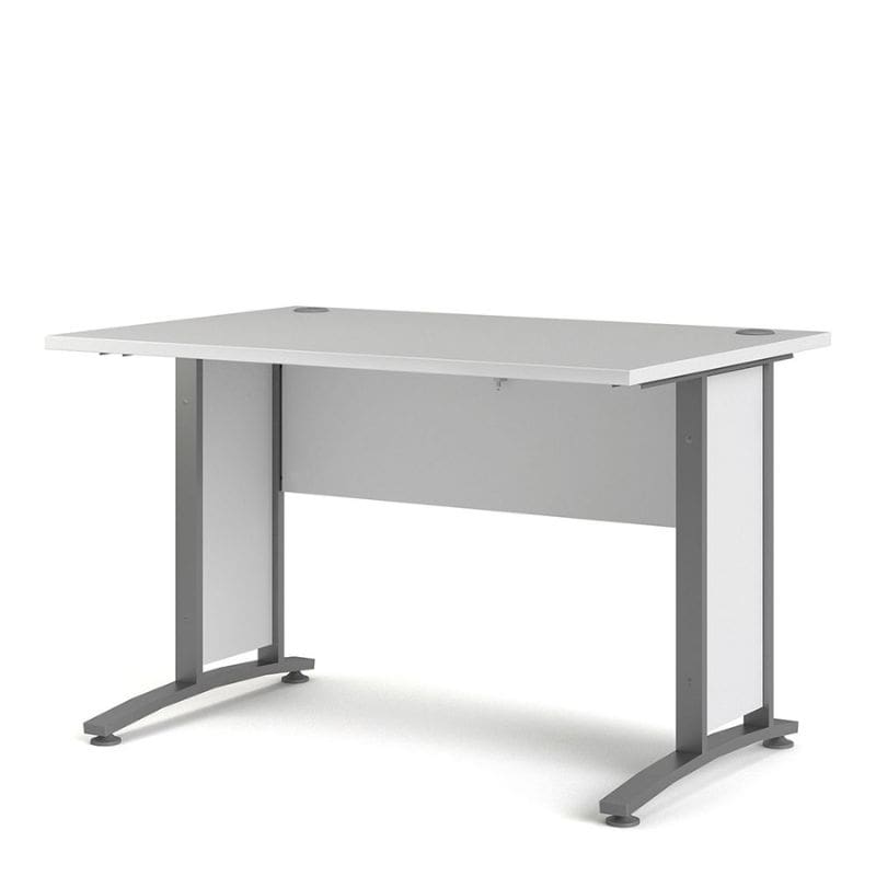 White office desk with gray metal legs on a white background