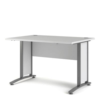 White office desk with gray metal legs on a white background