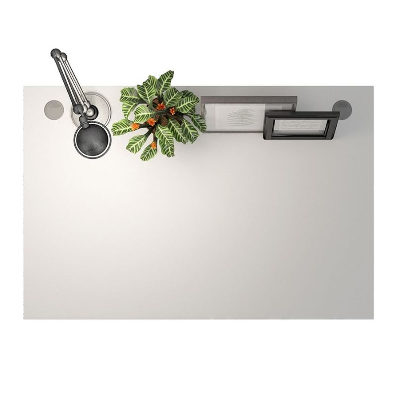 White countertop with a plant, ladle, and other kitchen items on a white background