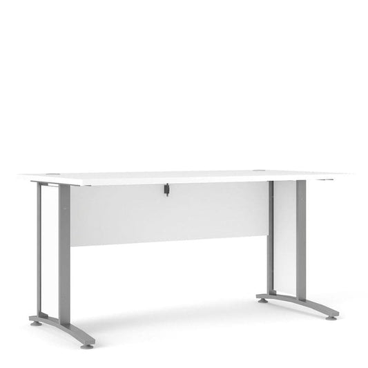 White office desk with silver metal legs on a white background