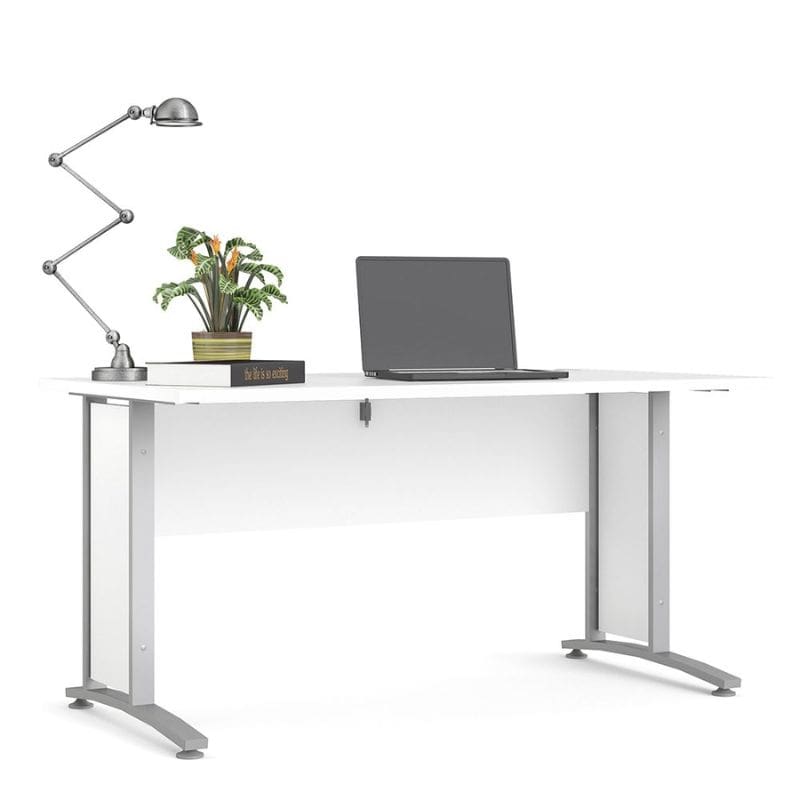 White office desk with a laptop, lamp, and plant on a white background