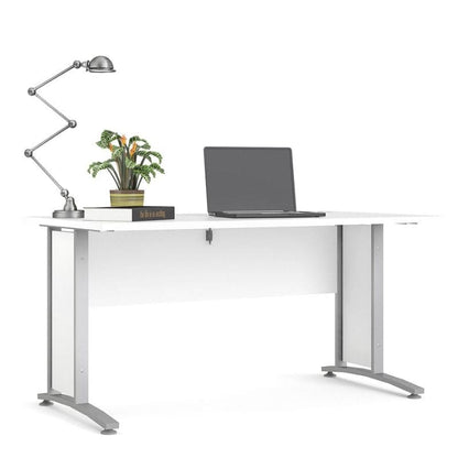 White office desk with a laptop, lamp, and plant on a white background