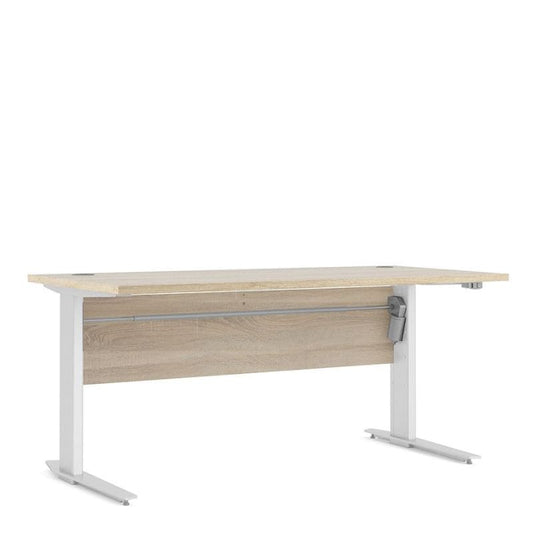 Oak desk with white metal legs and adjustable height mechanism