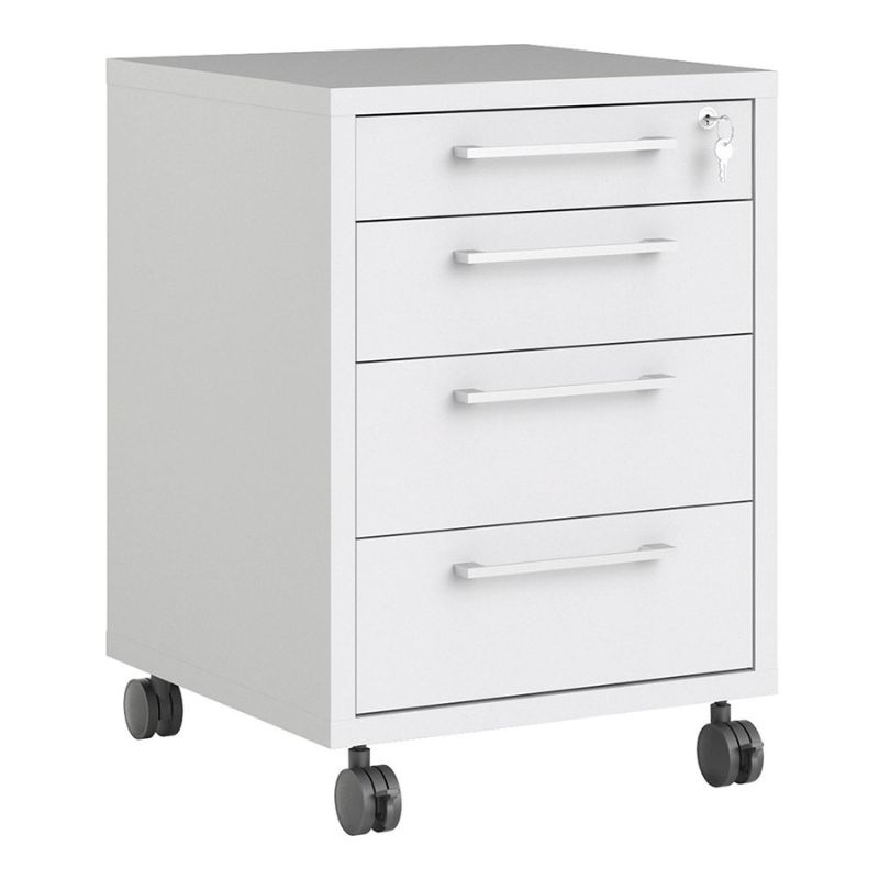 White metal file cabinet with four drawers on wheels against a white background