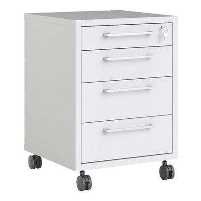 White metal file cabinet with four drawers on wheels against a white background