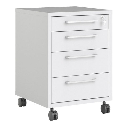 White metal file cabinet with four drawers on wheels against a white background