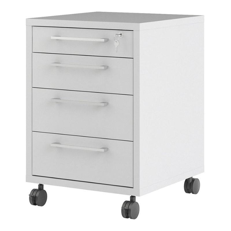 White metal file cabinet with three drawers on wheels against a white background