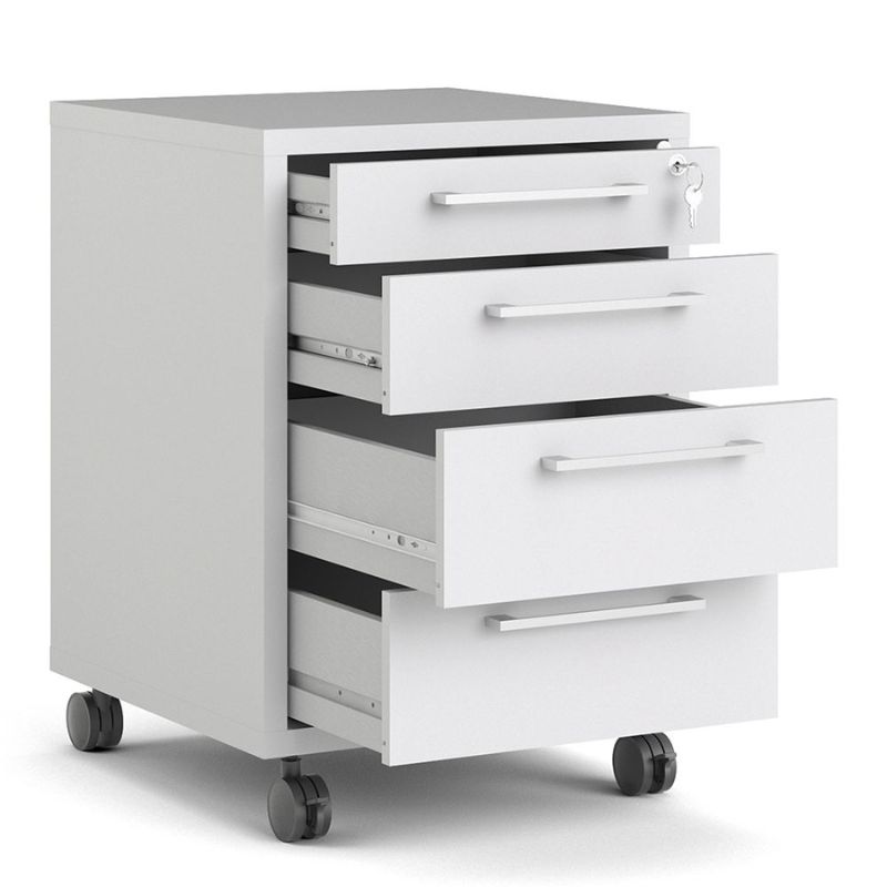 White metal file cabinet with multiple drawers on a white background