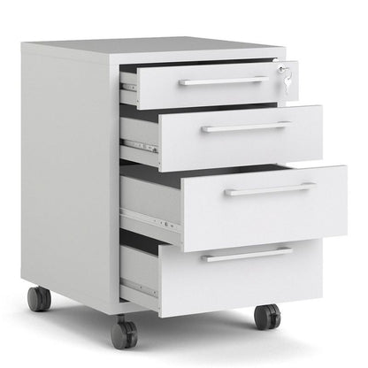 White metal file cabinet with multiple drawers on a white background