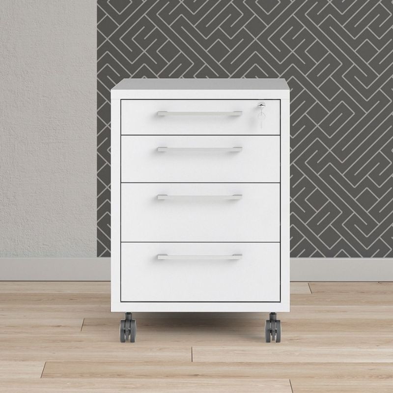 White metal file cabinet with three drawers on wheels against a geometric patterned wall.