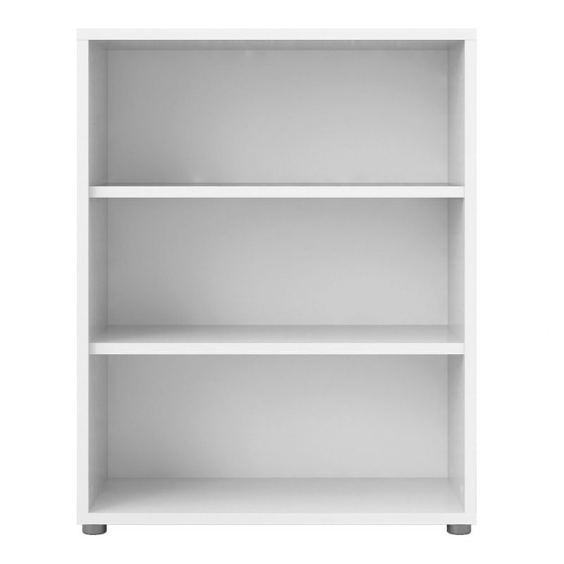 White bookshelf with three shelves on a white background