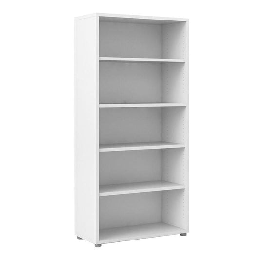 White bookshelf with five shelves on a white background