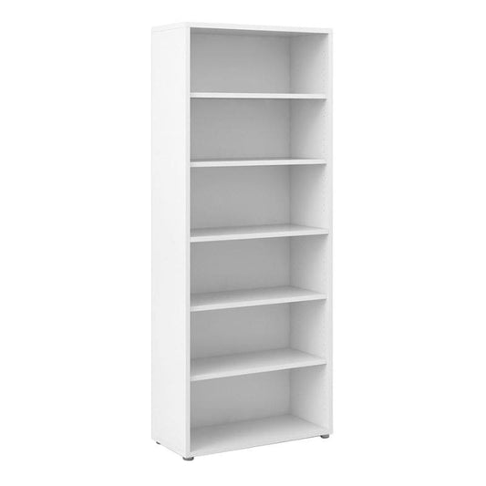 White bookshelf with five shelves on a white background
