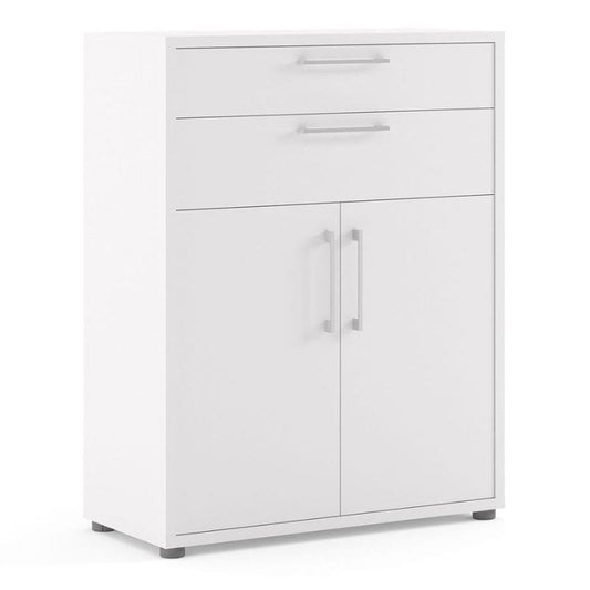 White storage cabinet with two doors and two drawers on a white background