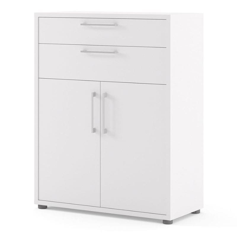 White cabinet with two doors and two drawers on a white background