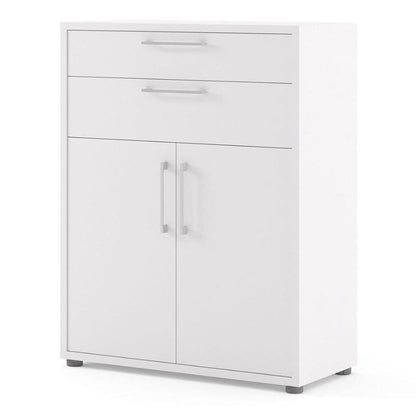 White cabinet with two doors and two drawers on a white background