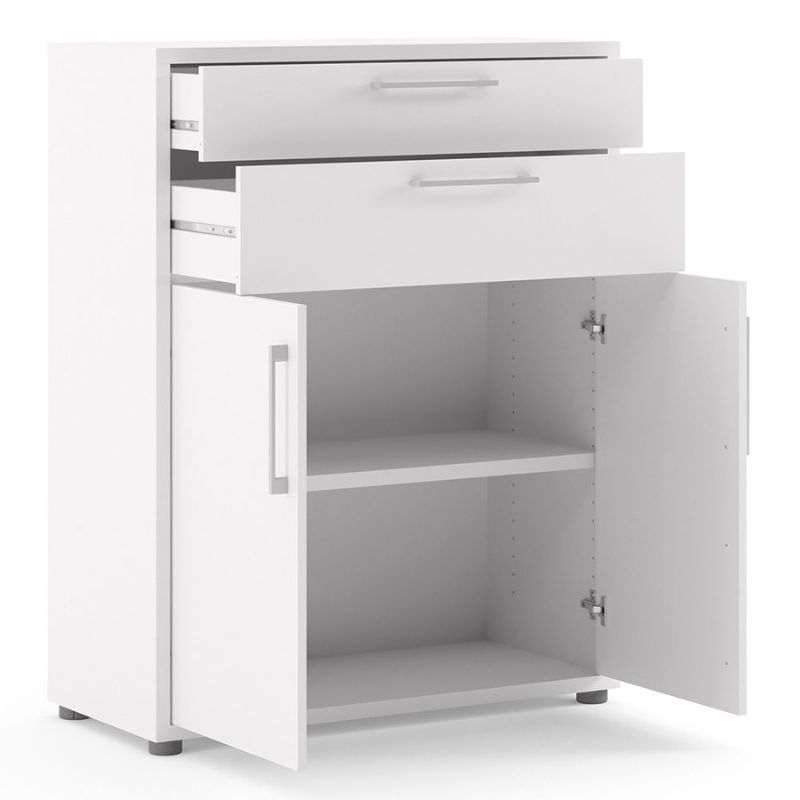 White storage cabinet with drawers and doors on a white background