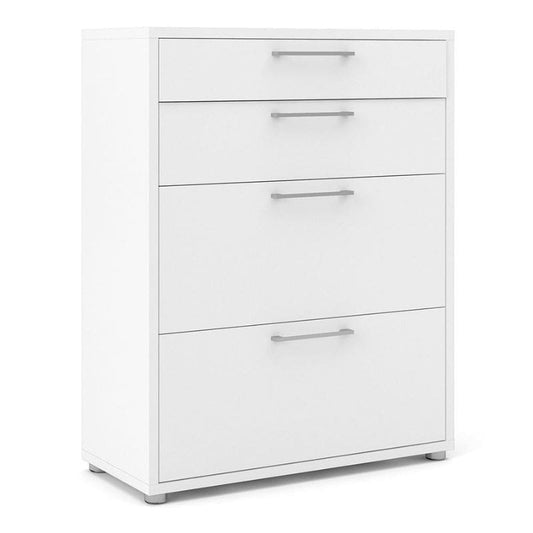 White dresser with 4 drawers and silver handles on a white background