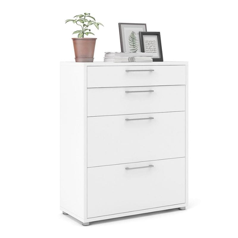 White 4 drawer filing cabinet with decorative items on a white background