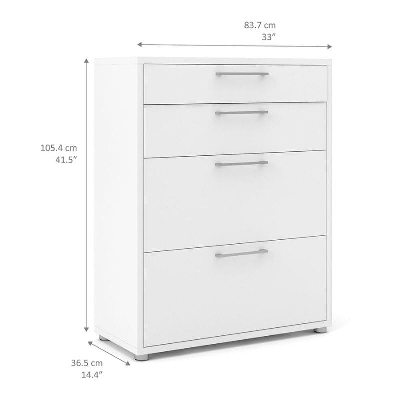 White dresser with dimensions labeled on a white background