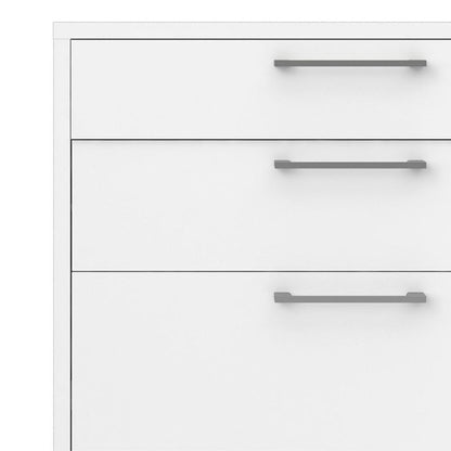 White cabinet with three silver handles on a white background