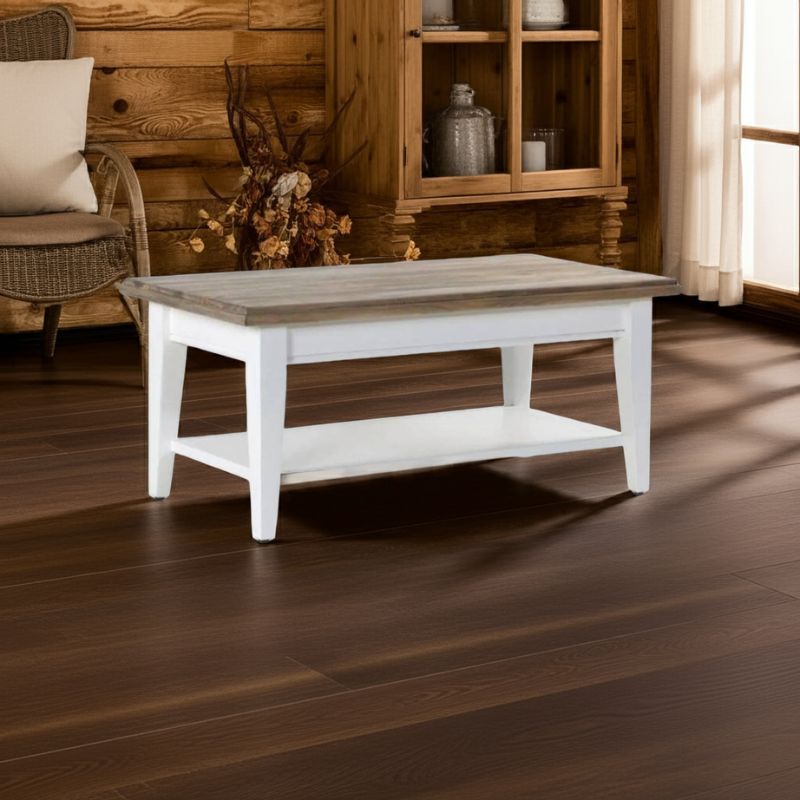 Wooden coffee table in a room with wooden floor and wall.