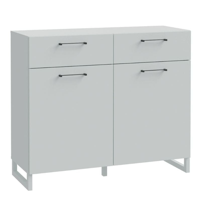 White cabinet with four doors and handles on a white background