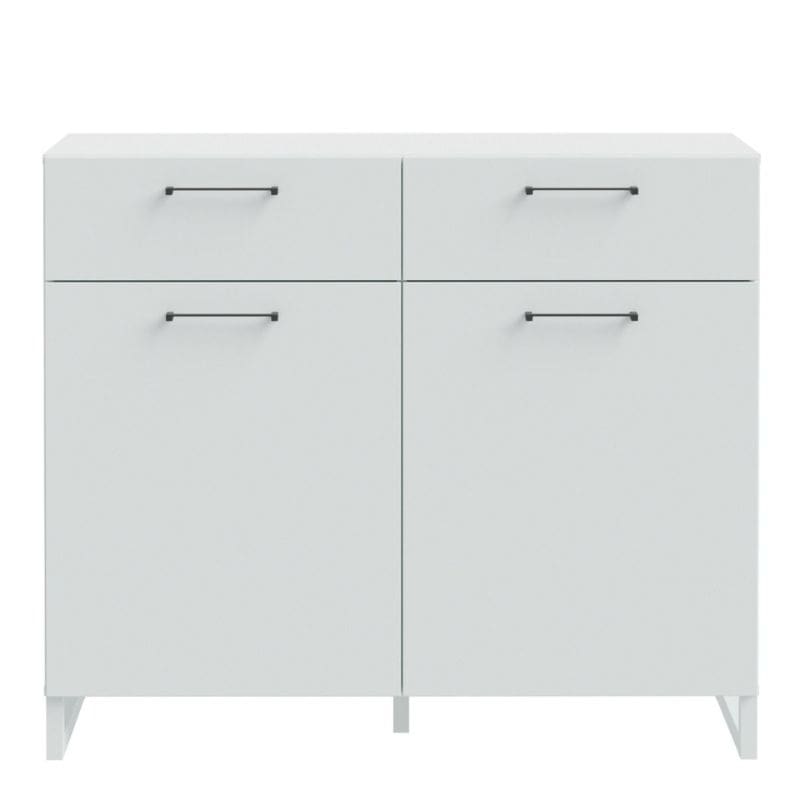 White cabinet with four doors and handles on a white background