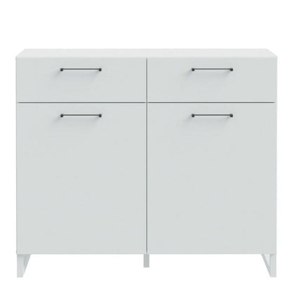 White cabinet with four doors and handles on a white background