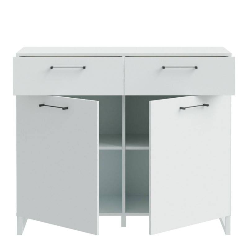 White cabinet with two doors and two drawers on a white background