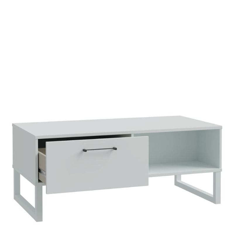 White coffee table with a drawer on a white background