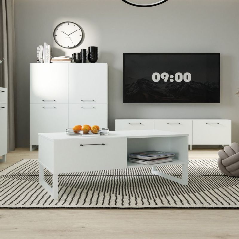 White coffee table with a drawer on a white background