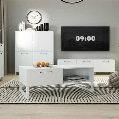 White coffee table with a drawer on a white background