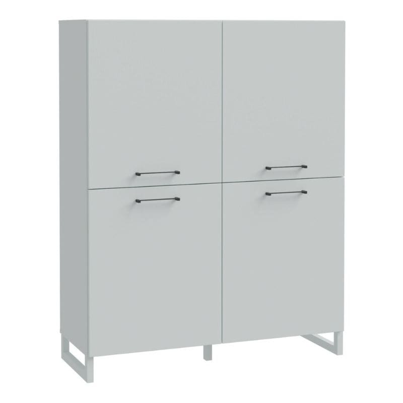Light grey highboard with four doors and handles on a white background