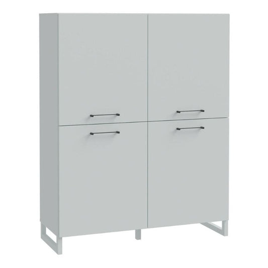 Light grey highboard with four doors and handles on a white background