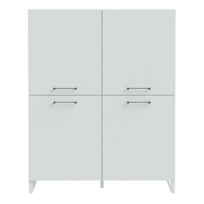 Light grey highboard with four doors and handles on a white background