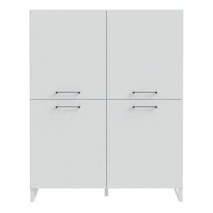 Light grey highboard with four doors and handles on a white background