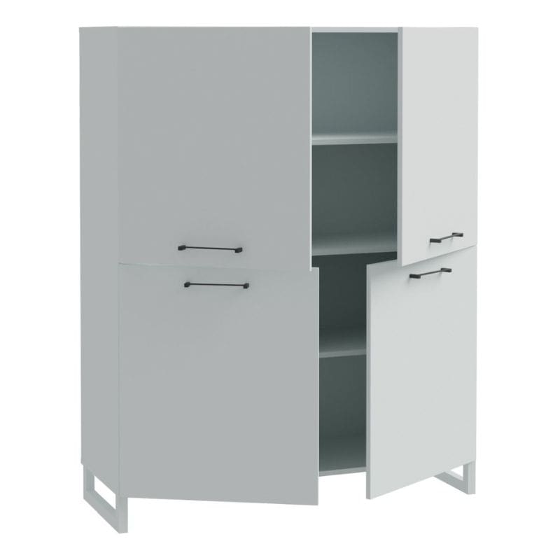 Light grey highboard with four doors and handles on a white background
