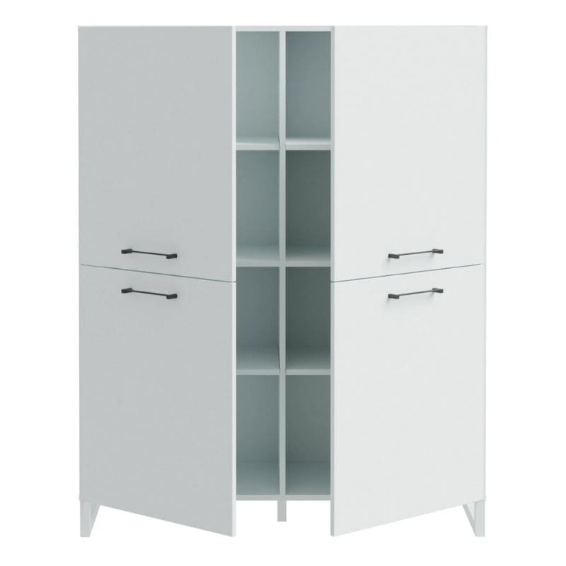 Light grey highboard with four doors and handles on a white background