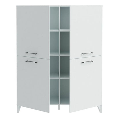 Light grey highboard with four doors and handles on a white background