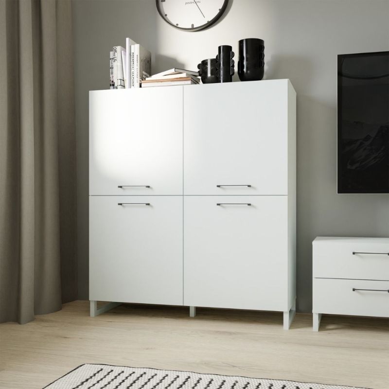 Light grey highboard with four doors and handles