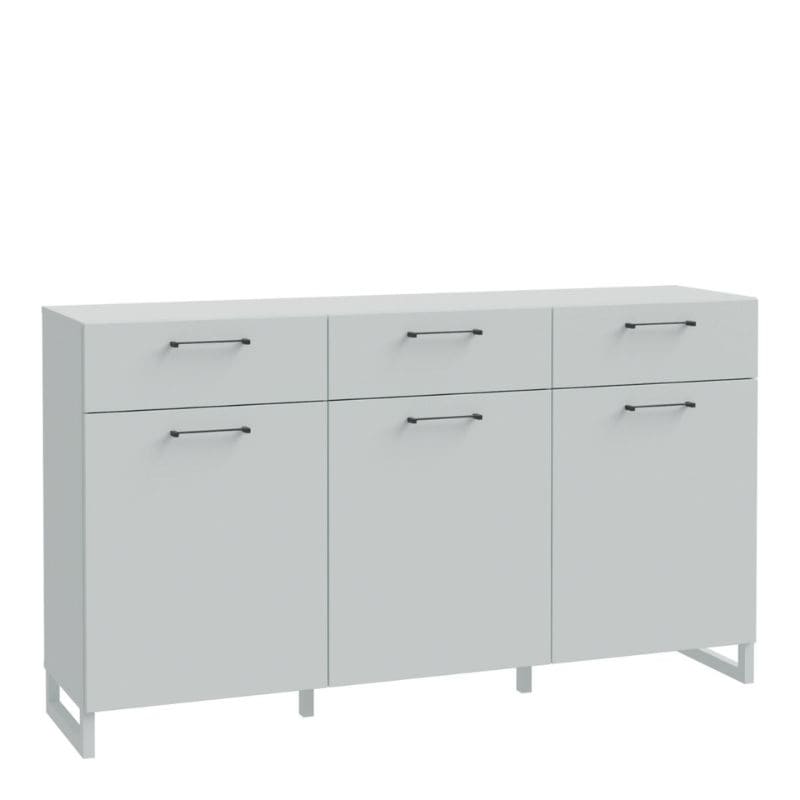 Light grey large sideboard with three doors and handles on a white background