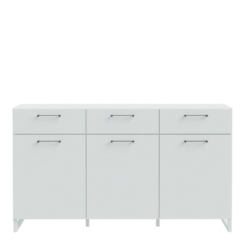Light grey large sideboard with multiple drawers and handles on a white background