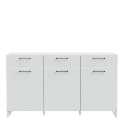 Light grey large sideboard with multiple drawers and handles on a white background