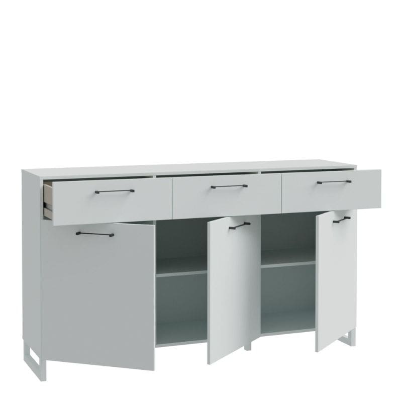 Light grey large sideboard with three doors and handles on a white background