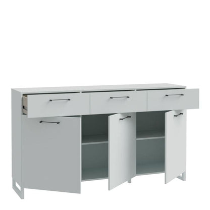 Light grey large sideboard with three doors and handles on a white background
